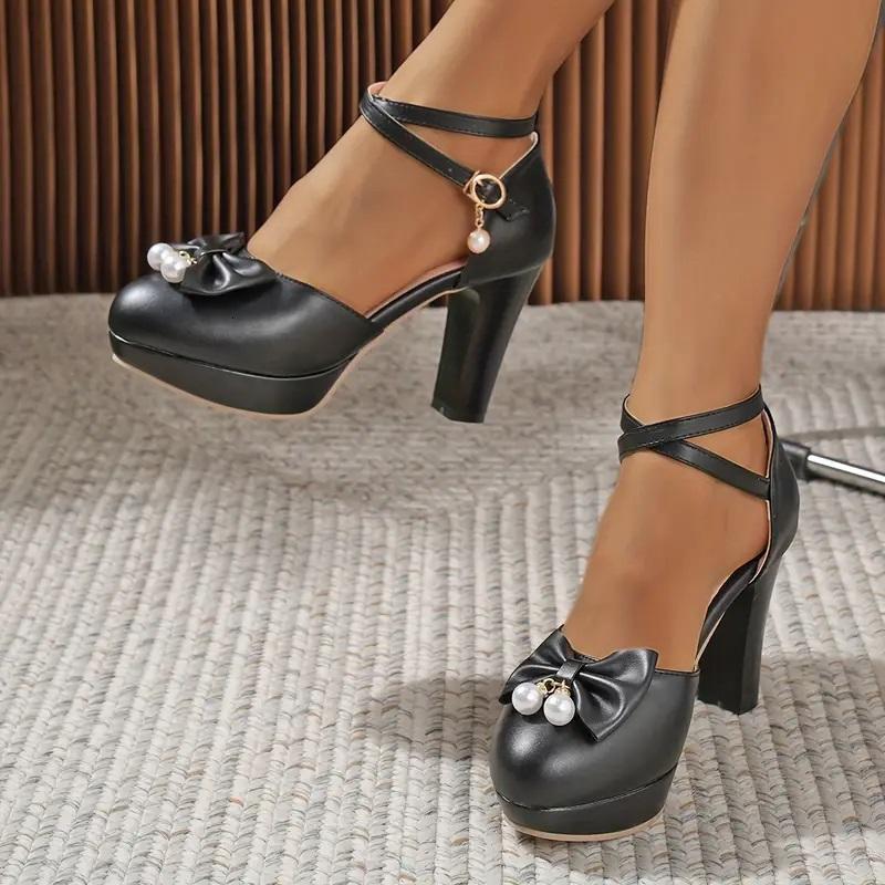 Plus Size Bow Side Hollow Platform Ultra High Thick Heel Sweet Cute Sandals Ankle Cross Fine Strap Pearl Buckle Sandals 2025