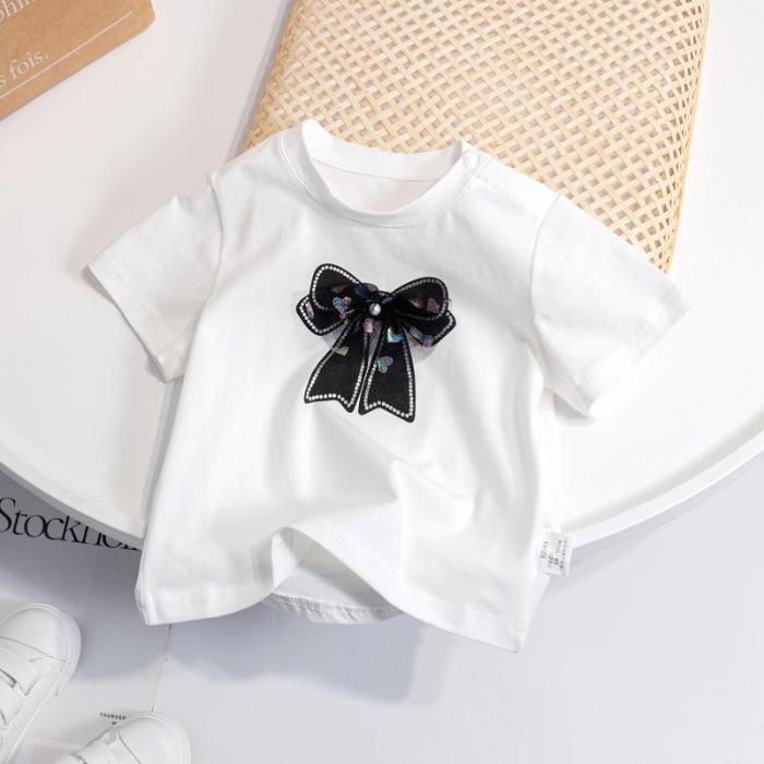 Girls Summer Korean Cotton Short Sleeve T Shirt with Cute Bow Detail 90 белый