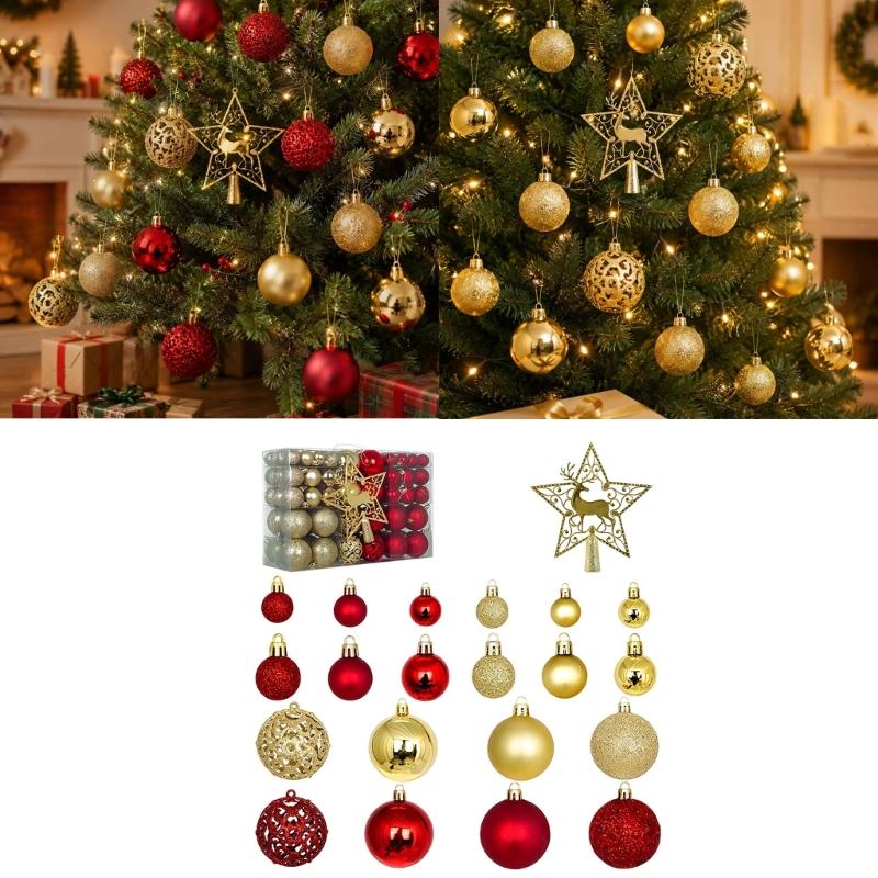 Plastic Christmas Tree Bauble Set, 101-Count Assortment with Mixed Finishes, Varied Ball Styles, and Cutout Star Toppers