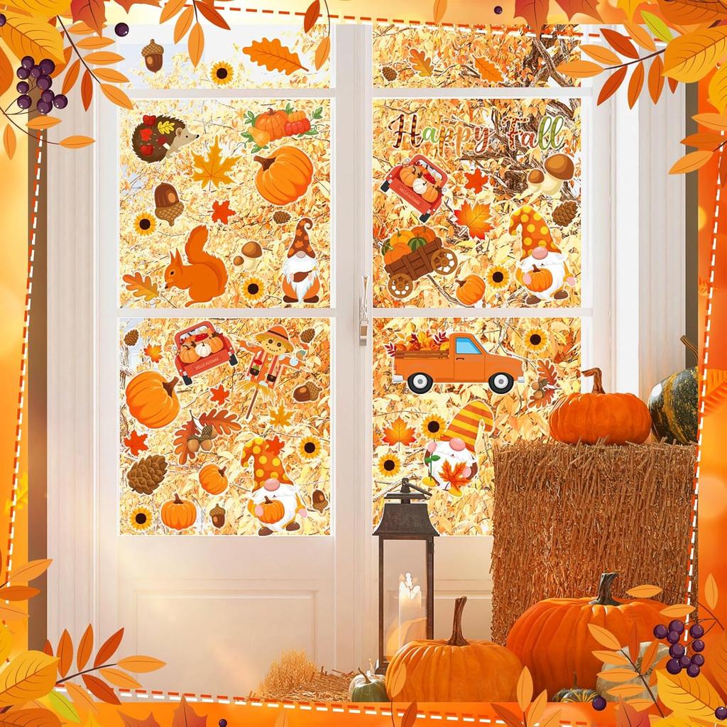 2 Sheet 64 Pcs Thanksgiving Gel Window Clings Fall Thick Gel Cling Removable Reble Autumn Harvest Window Sticker Pumpkin Maple Leaves Gnome Decal for