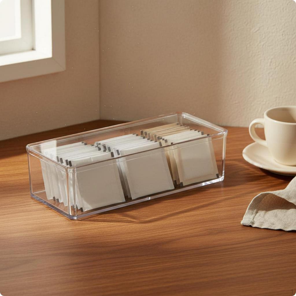 Tea Packet Organizer Transparent Storage Box Dustproof Lidded Compartment for Desktop,