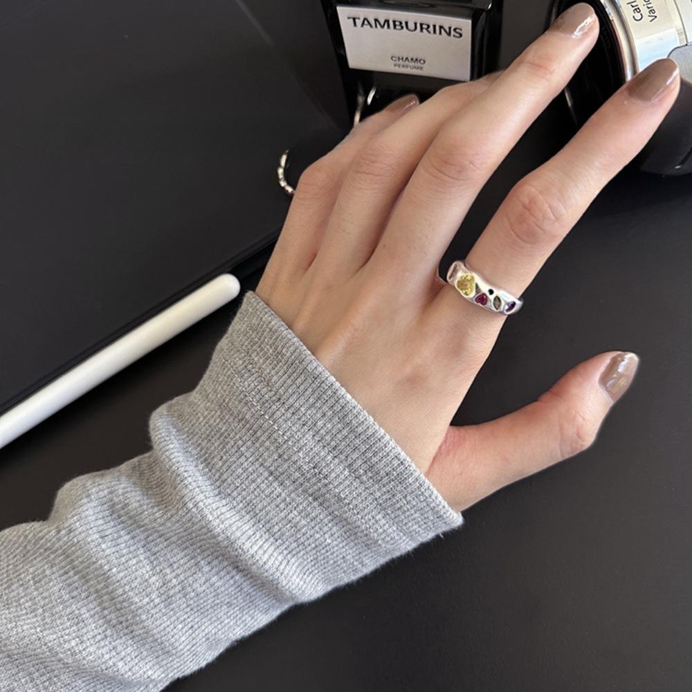 Korean colored flower dripping oil special-shaped love diamond sparkling gemstone ring opening adjustable personalized ring Adjustable opening