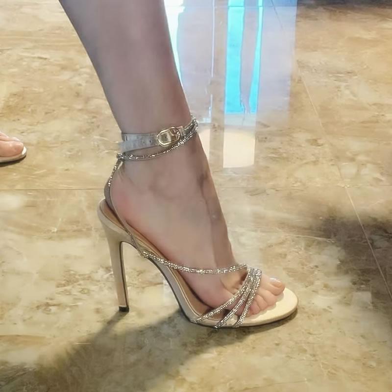 2025 Summer New Female Water Diamond Slim Strap Cross Sandals Women's Shoes Open Toe Thin Heels Sexy Celebrity Ladies High Heels