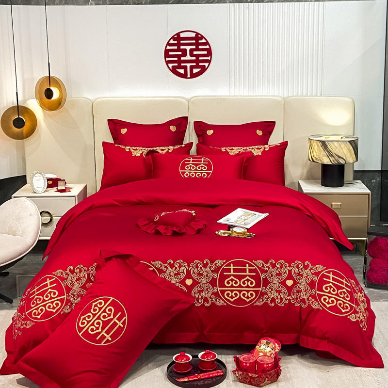 Vierteiliges Set mit Hochzeitsstickerei, rote Hochzeitsbettwäsche, Hochzeitsbettbezug, Bettwäsche, Bettwäsche für das Brautpaar, sechsteiliges Set für das Hochzeitsbett