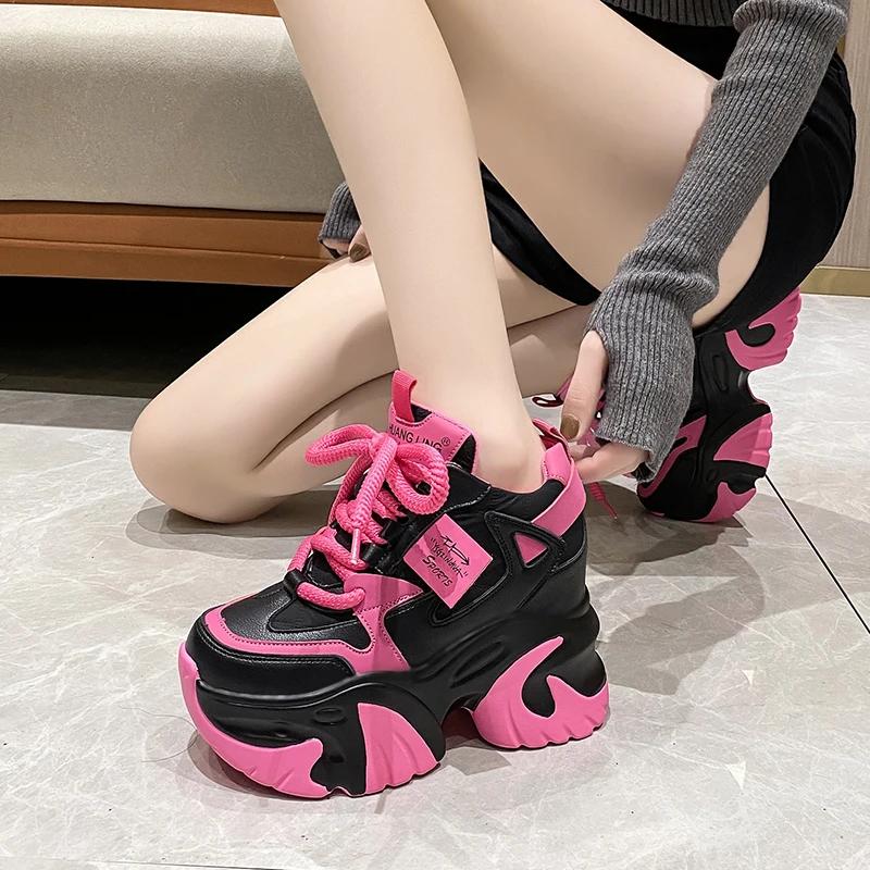 Fashion Women Walking Sneakers 2025 Spring Lace-up High Platform Chunky Shoes Breathable Leather Shoes 10CM Wedge Heels Casual Shoes