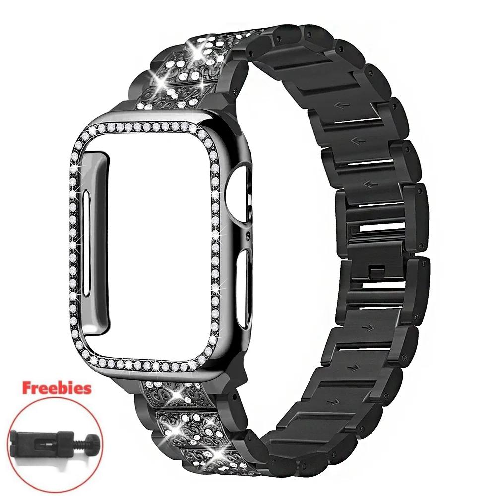 

Бриллиантовый ремешок для Apple Watch 10 46 мм Корпус+Ремешок Металлический браслет Correa для Iwatch 9 se 3 2 1 Ultra 49 мм 42/41/44/45/38/40 мм Наручный ремешок Ultra1/2 49mm чёрный