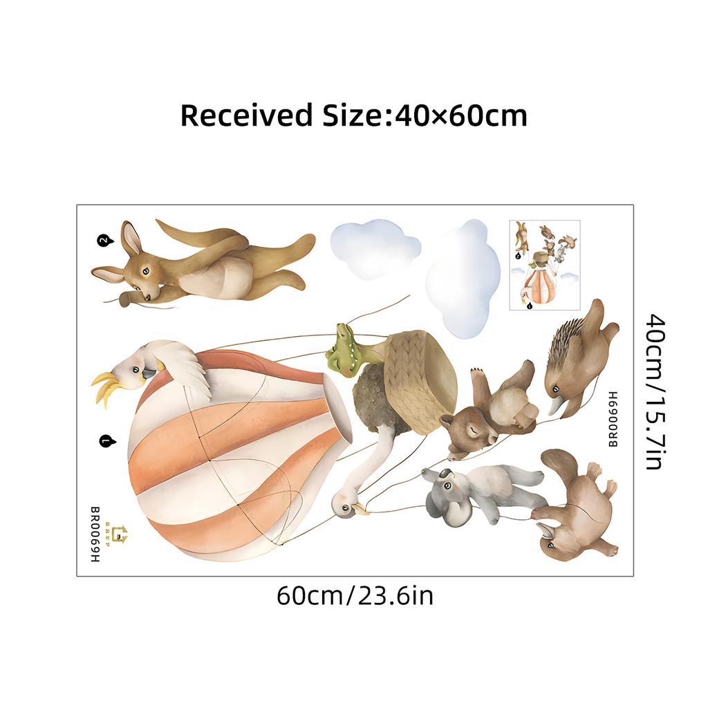 Cute Cartoon Animal Friends in Hot Air Balloon Wall Stickers, Self-Adhesive Adventure Decor for Kids Room Living Room Bedroom Decoration