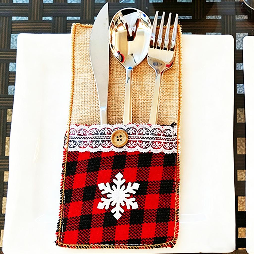 Sacchetto Portaposate in Lino di Natale con Chiusura a Bottone e Decorazione a Fiocco di Neve per apparecchiare la Tavola delle Feste e Conservare le Posate