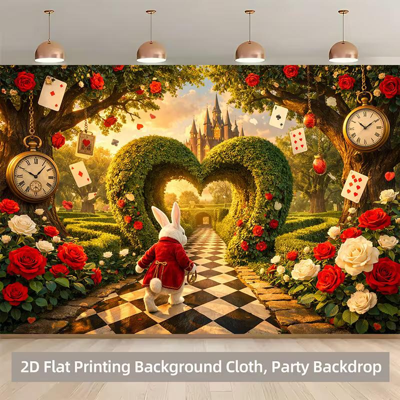 Sfondo 2D Fantasioso Paese delle Meraviglie Coniglio con Castello, Carte & Rose Rosse per Studio & Decorazioni per la Casa
