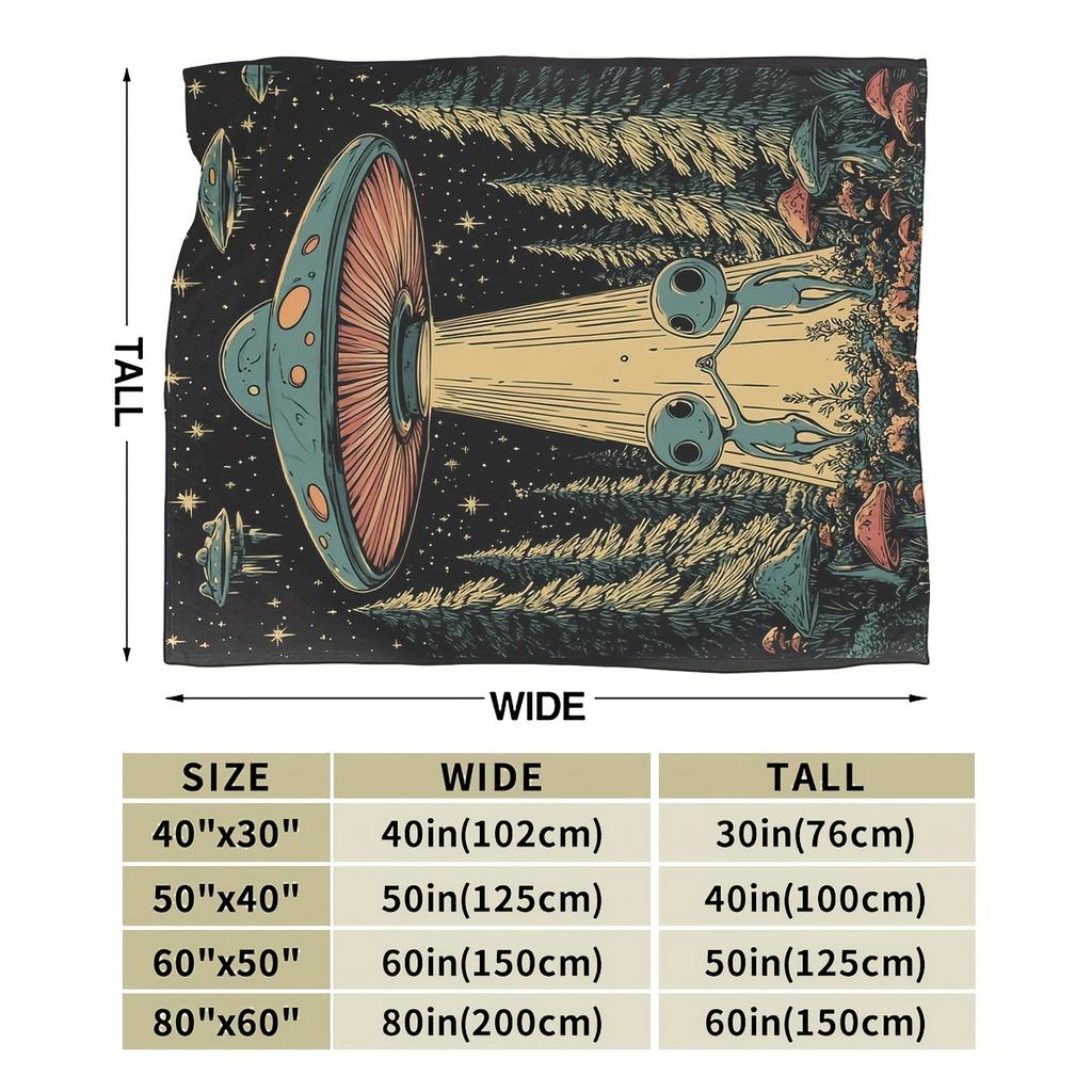 [Holiday Cheer] Whimsical UFO and Alien Encounter Fleece Blanket - Soft Polyester, Colorful Outdoor and Home Decor, Ideal for Va