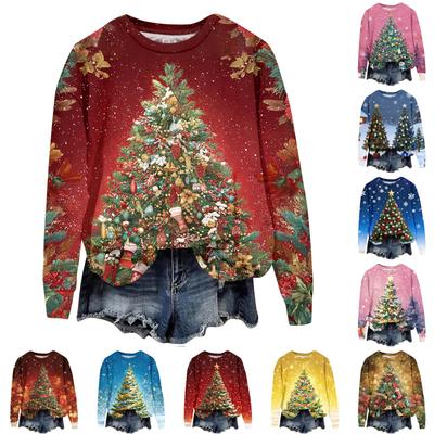 Damen Weihnachten Bedruckter Langarm Rundhals Hoodie Lockeres Oberteil