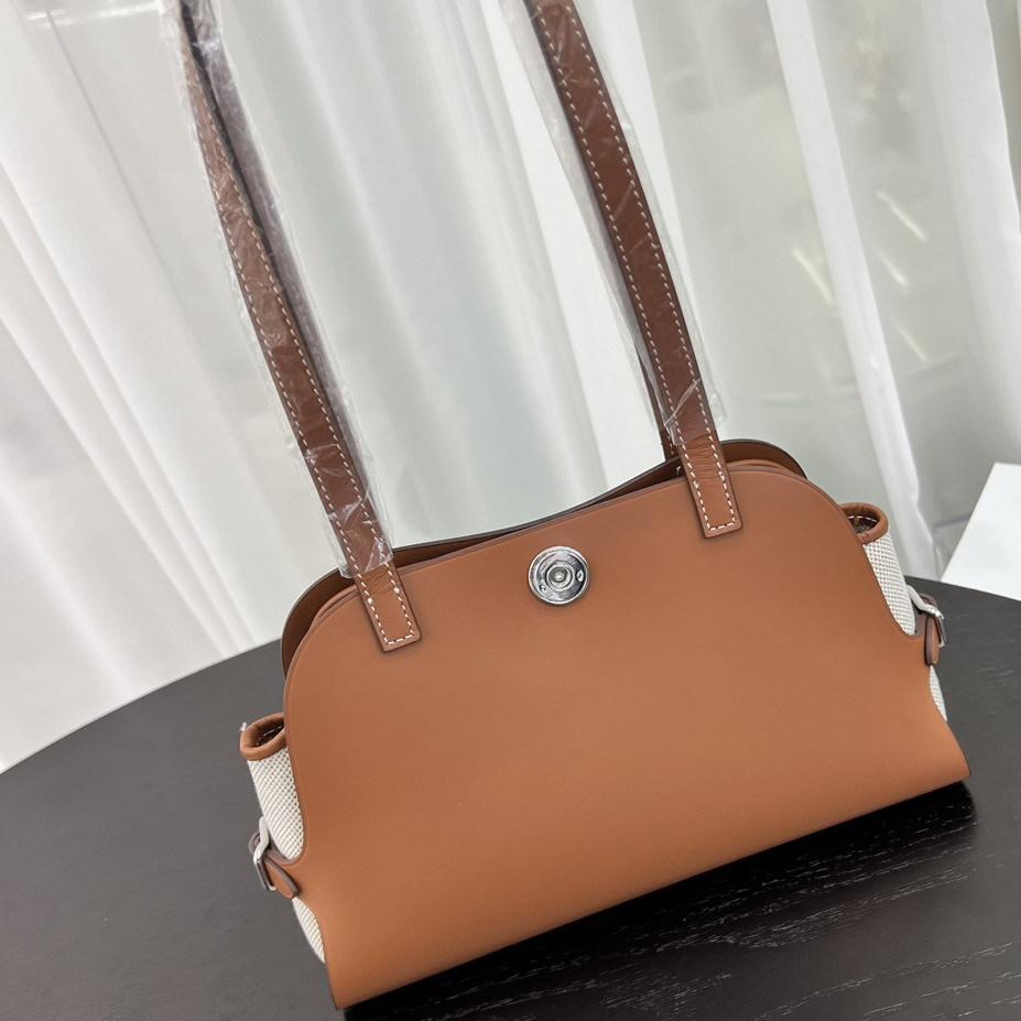 New First-layer Cowhide Splicing Canvas Tote Bag Shell Bag Retro Underarm Bag Shoulder Handbag Women