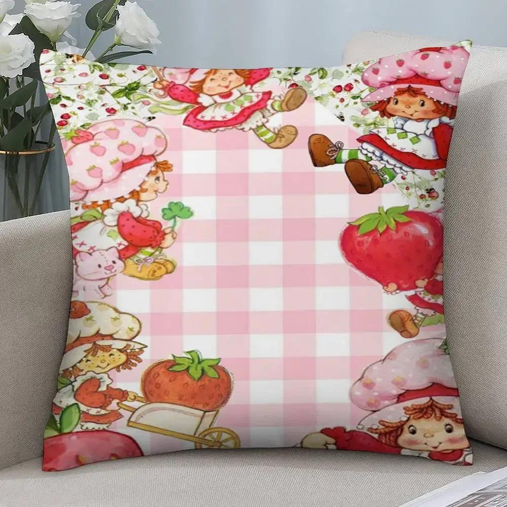 Kawaii S-Erdbeer-Shortcakes Kissenbezug Kurzer Plüsch Doppelseitiger Druck Quadratische Dekokissenbezüge Sofa Heimkissen Dekoration