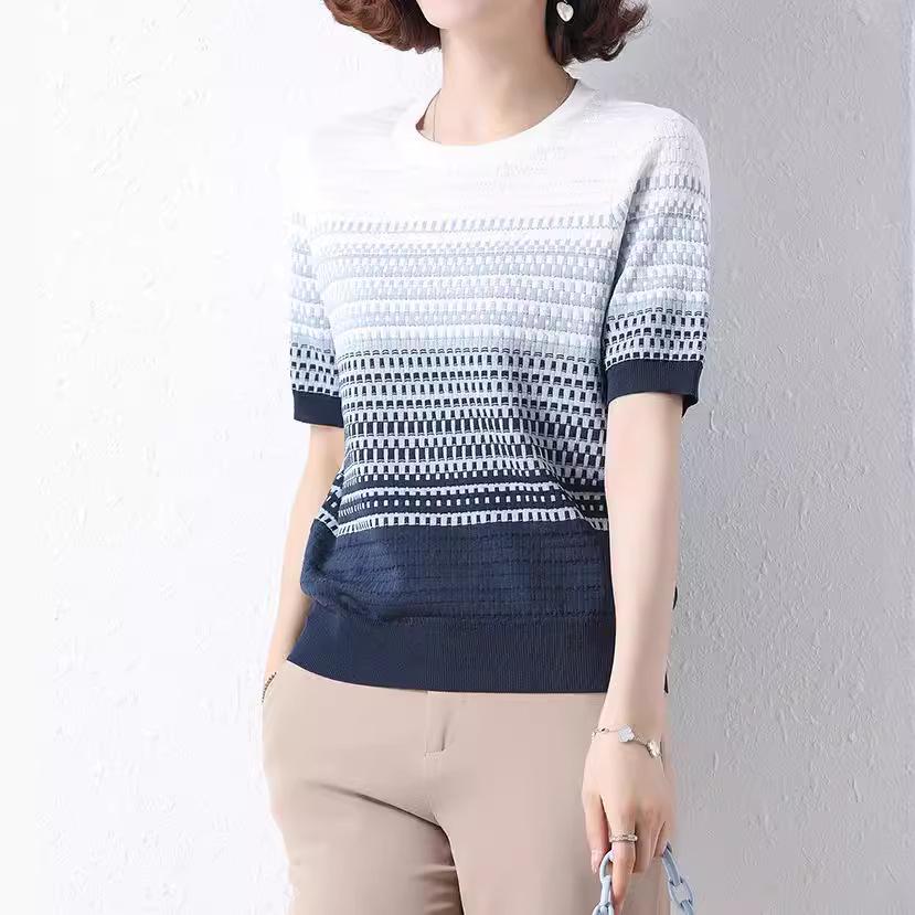 Women's Ice Silk Striped Short-Sleeve T-Shirt, Summer 2023 Style, Belly-Covering Top for Middle-Aged Mothers