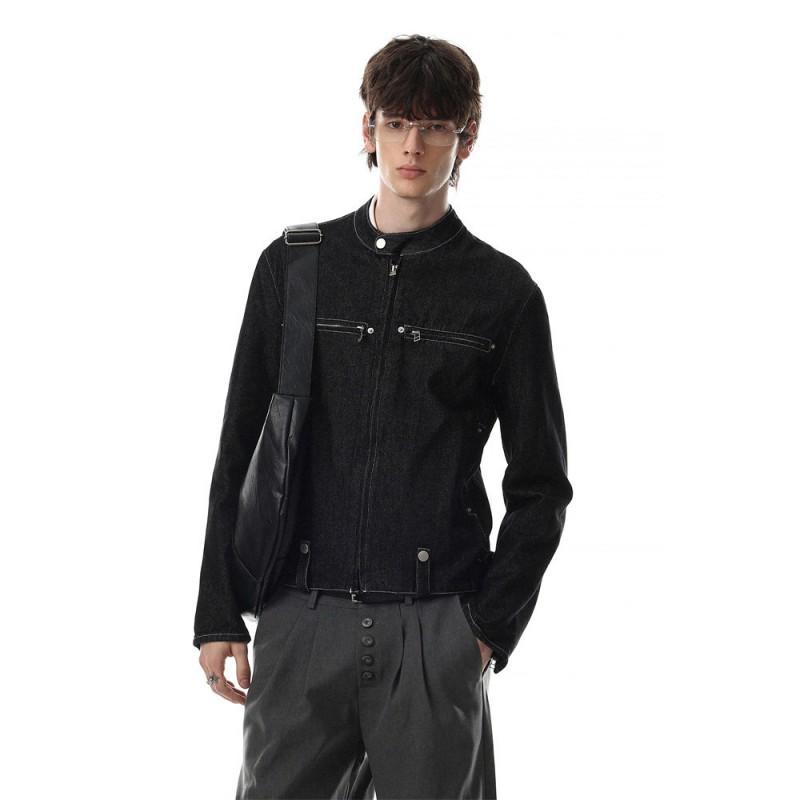 Mens Slim Fit Denim Jacket Stand Collar Long Sleeve Casual Outerwear