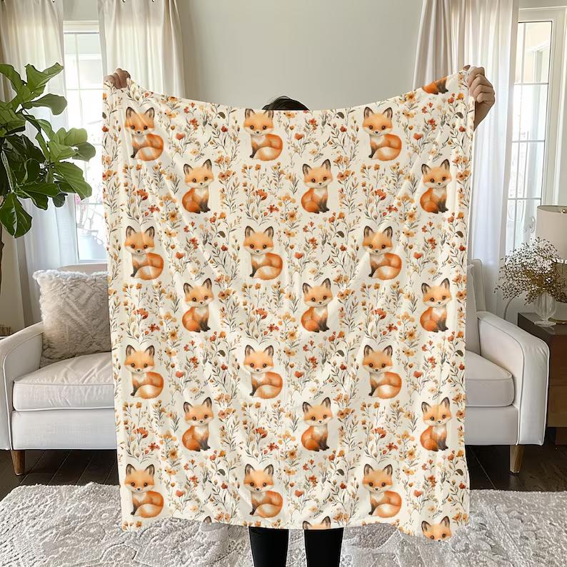 Cute Fox Blanket Fox Baby Blanket Soft Velveteen Blanket Cozy Throw, Floral Throw Woodland Animal Nursery Cute Animal Baby Foxes 75X95CM