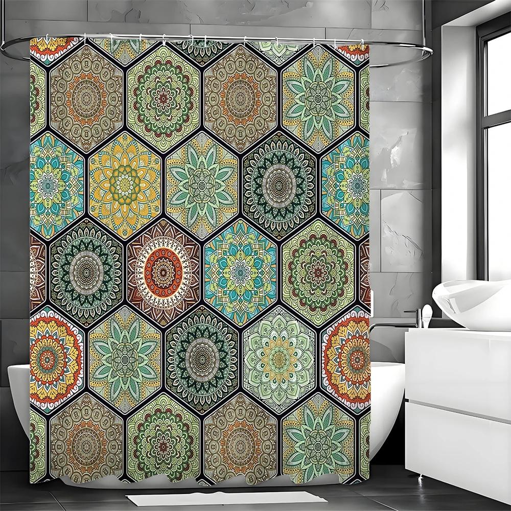 Colorful Bohemian Floral Print Beautiful Bright Shower Curtain, Bathroom Decorative Shower Curtain, Waterproof Shower Curtain wi