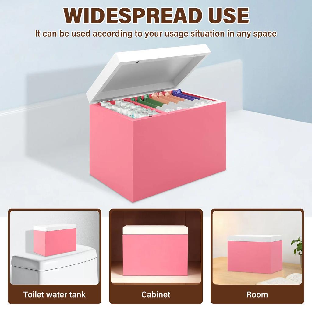 Wooden Pad and Tampon Holder 2-Compartment Countertop Storage Box with Hinged Lid Multi-role Bathroom Feminine Product Organizer