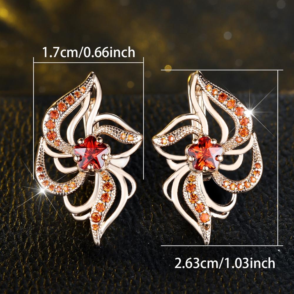 Elegant Red Zircon Plum Blossom Earrings for Women Luxury Gold Color Wedding Accessories Jewelry Gift