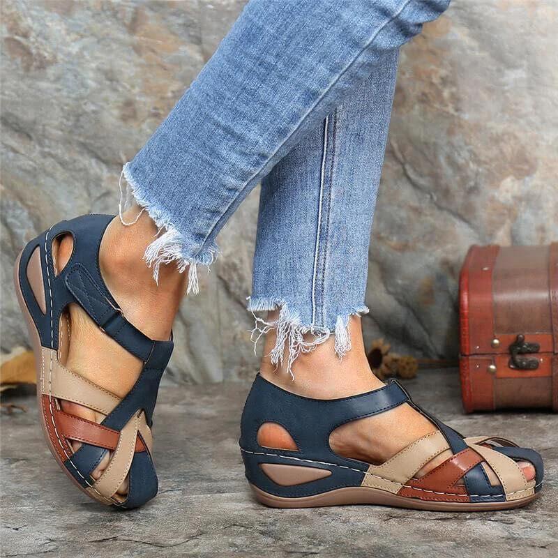 Newly Lollita Orthopedic Plus Sandals PU Leather Retro Arch Support Comfy Round Toe Sandals for Women Toe Protection Design