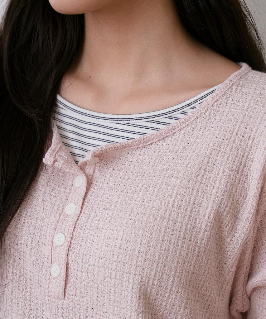 Sayu Soft Layered Henley Neck T-Shirt Dusty Pink