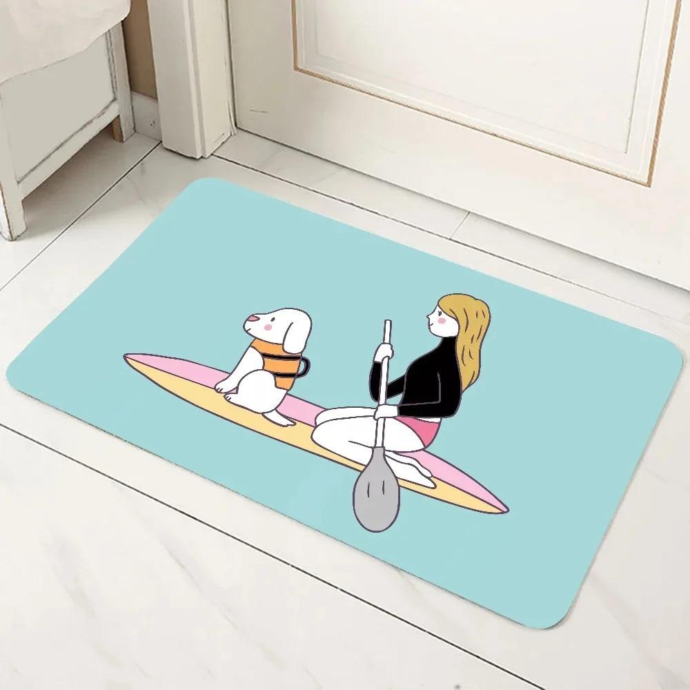 Summer Beach Door Mat with Surfing Girl and Tropical Scenery Colorful Cartoon Design Rug Protector for Home Bathroom and Bedroom