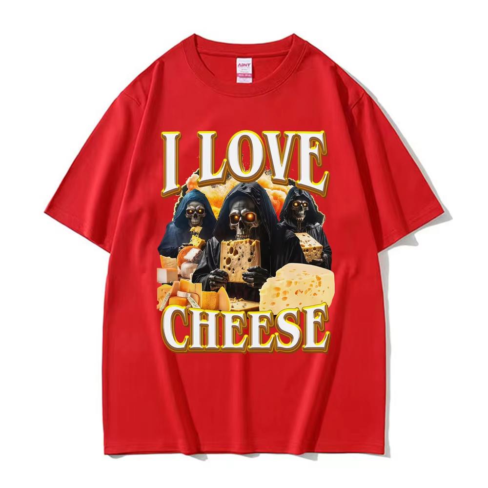 Vintage Skeleton I Love Cheese Meme T Shirts Funny Gothic Graphic Tshirt Mens Women Summer Crewneck Cotton Tshirts Streetwear