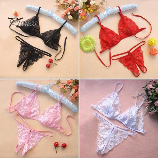2 Pcs/Set Sexy Underwear Hollow Out Lace Solid Color Wireless Unpadded Open Crotch Elastic Spaghetti Straps Soft Lady Bra Panties Set Wedding Night