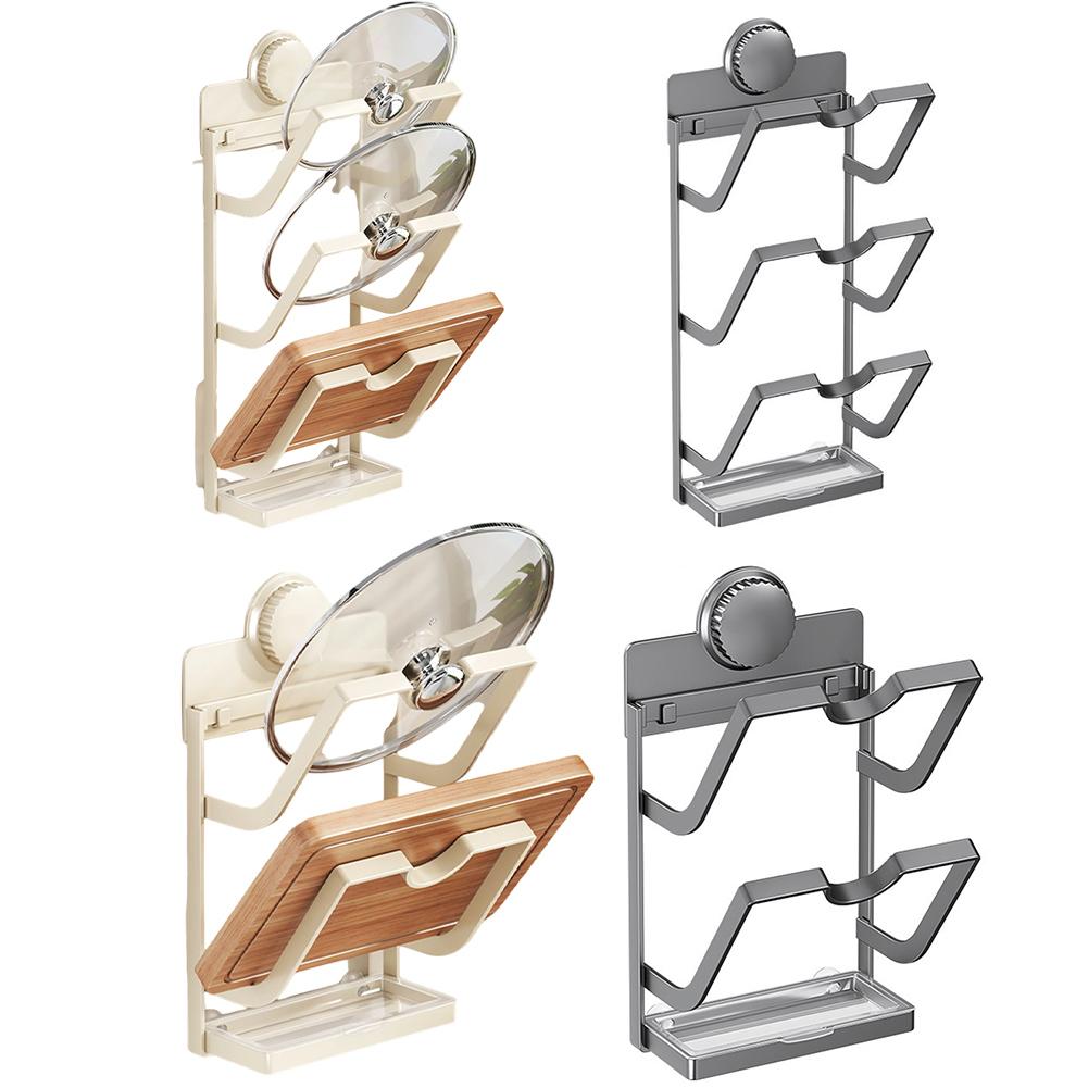 Wall-Mounted Pot Lid Holder With Drain Tray 3/2 Tier Kitchen Countertop Metal Hanging Pot Cover Storage Rack Stand Kitchen Tools