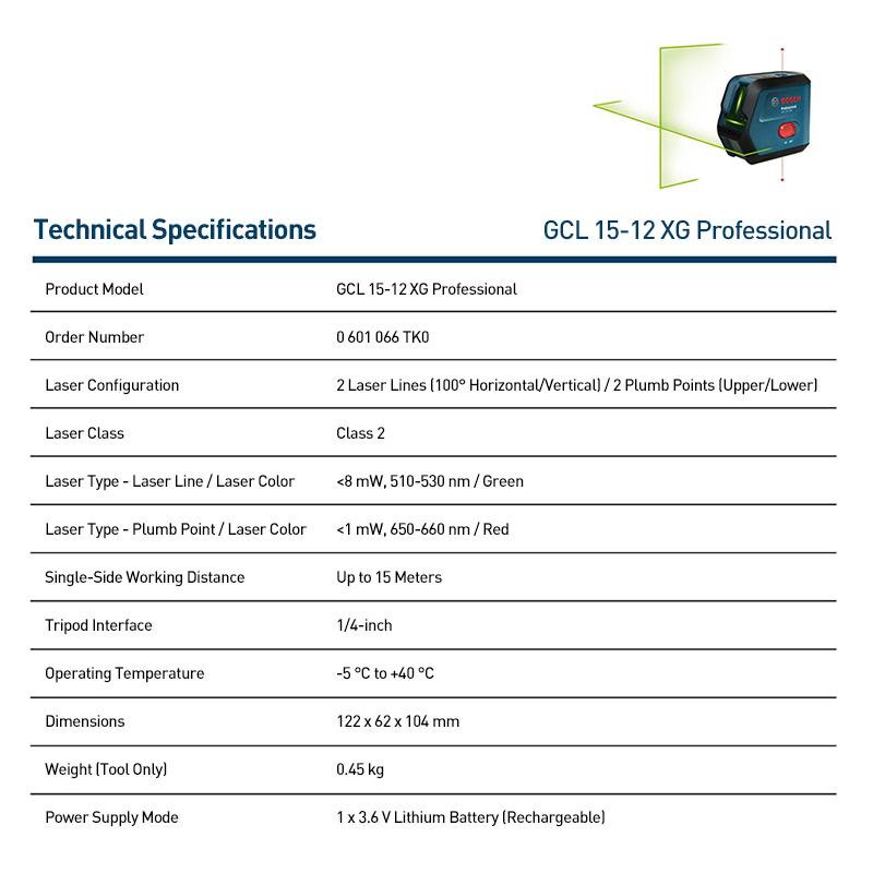 Bosch Laser Level GCL 15-12 XG Combination Dot and Line Green Beam Laser Level