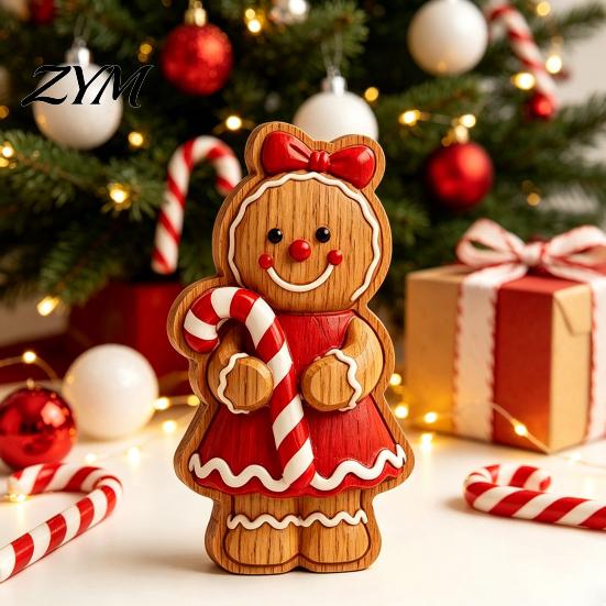 Indoor Holiday Table Centerpieces Christmas Gingerbread Man Ornament, Hand Painted Vintage Wooden Tabletop Home Decor Figurine, Rustic for Office