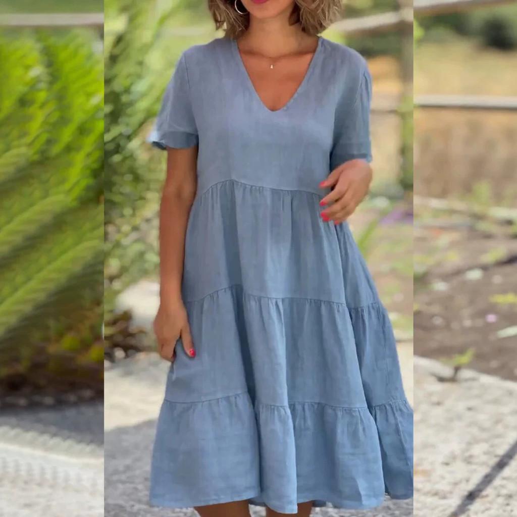 Summer Girl Dress With Vneck And Pleated Cotton Linen Fabric For Casual Wear