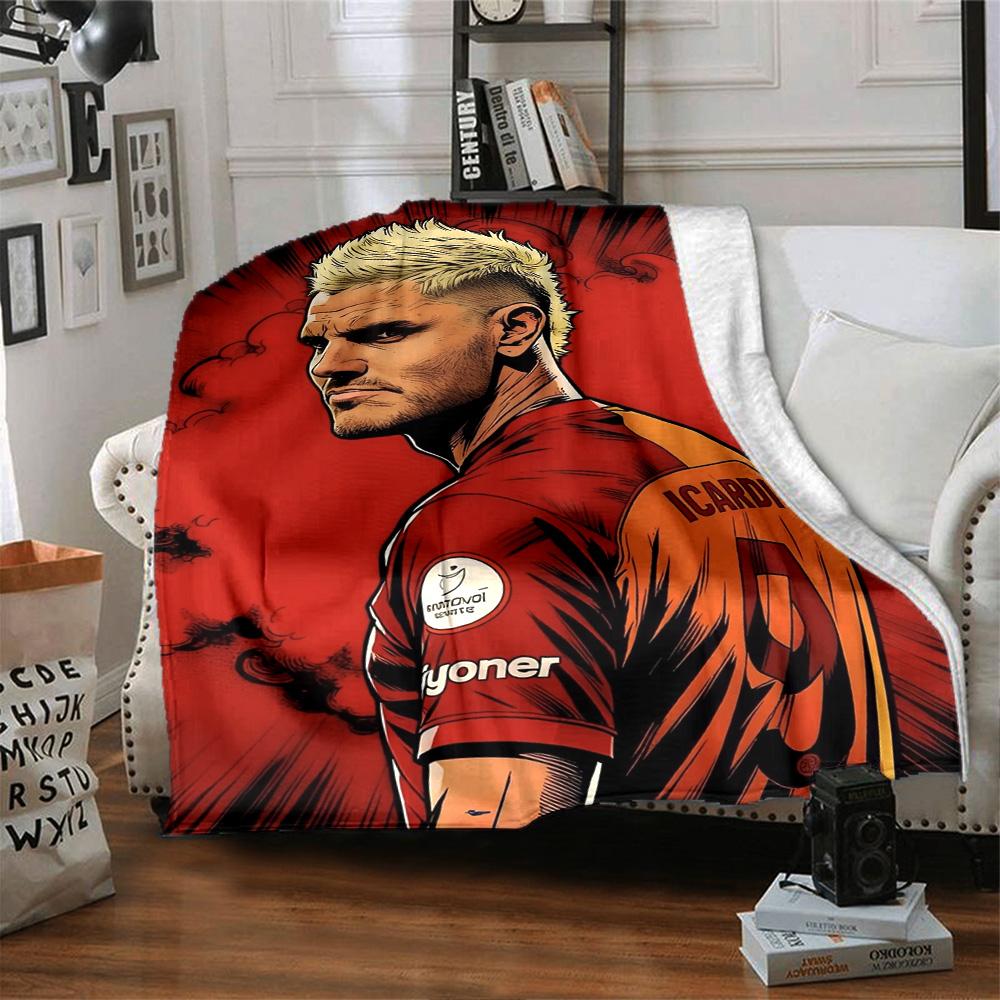 Red Comic Style Football Player Portrait Print Flannel Throw Blanket, Soft Warm Cozy Bed Sofa Cover for Sports Fan Home