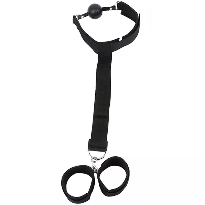 Japan SM bondage Back Cross Collar Strap Handcuffs Mouth Ball Gag Sex Handcuffs Sex Fetish Slave Bondage For
