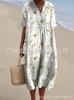New Loose Casual Comfortable V-neck Digital Printing Pleated Large Version Dress