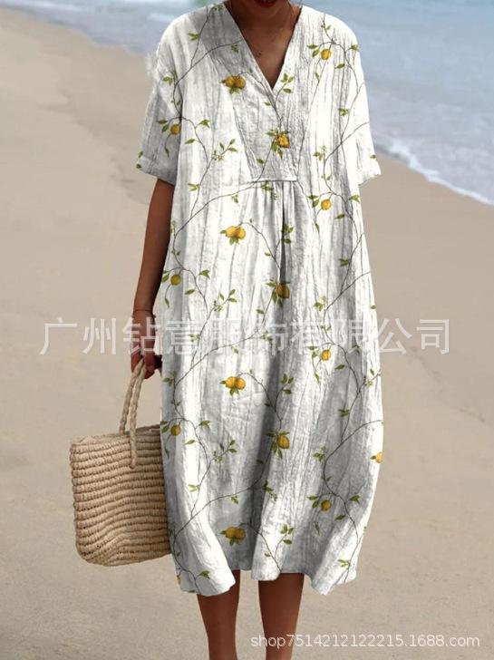 New Loose Casual Comfortable V-neck Digital Printing Pleated Large Version Dress