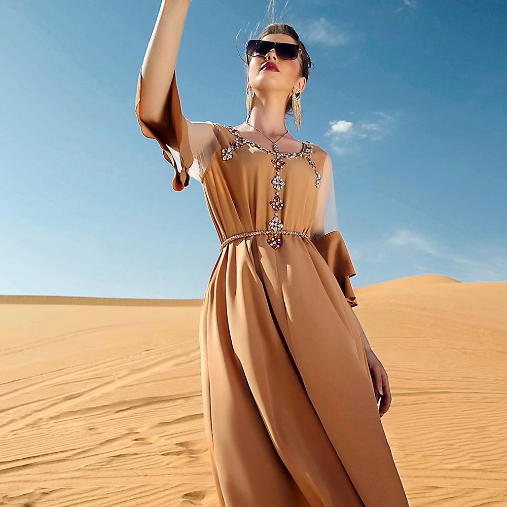 Khaki Ruffle Panel Mesh Slim Fit Elbise Dubai Müslüman Elbisesi