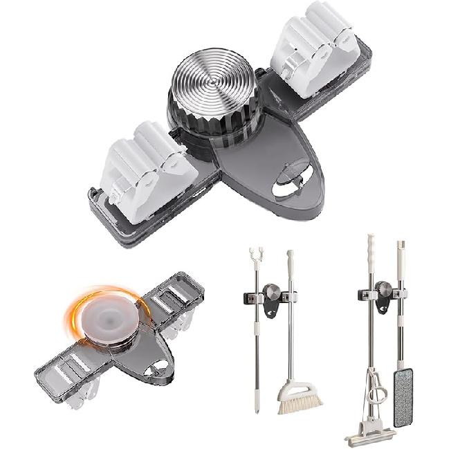 Mop and Broom Holder Wall Mount, No Punching Required Broom and Mop Organizer Wall Hanging with Hooks for Bathroom, Laundry Room, Garage, 1pcs Gray