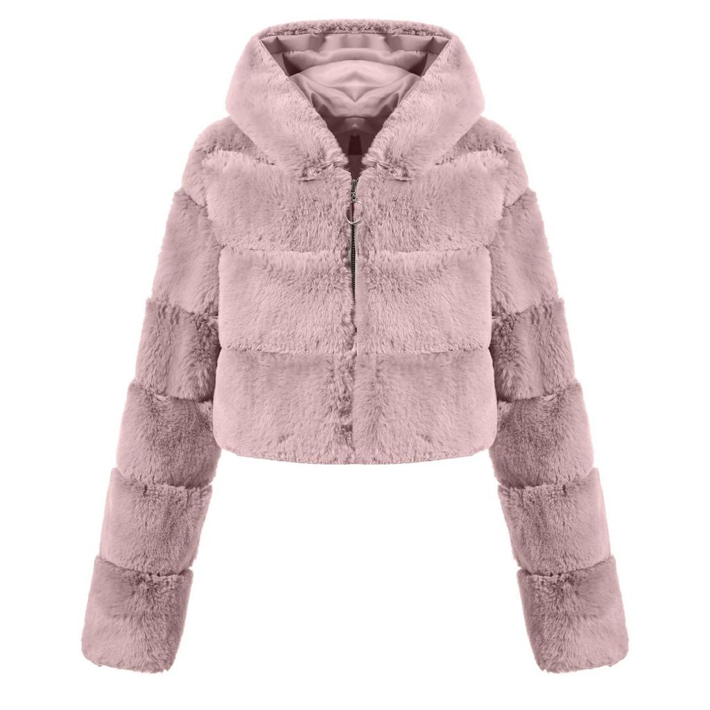 Y2k Streetwear Women Autumn Winter Faux Fur Coat Hooded Cropped Jacket Fur Coat Long Sleeve Cardigan Soft Tops Vintage Harajuku