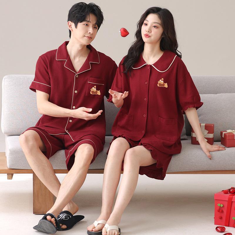 

Red Antibacterial Cotton Wedding Pajama Set for Couples - Short Sleeve Cardigan & Shorts Women s L (90-120 lbs)