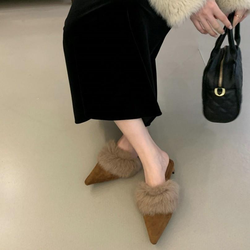 2025 Autumn and Winter New Pointed Head Thin Heel European and American Fashion Bag Head High Heel Fluffy Slippers High Sense Plush Shoes Women