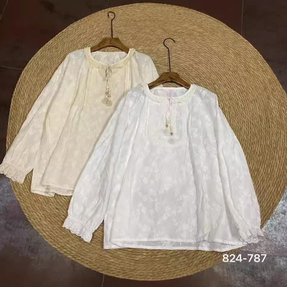 1116 Spring New Women's Top Shirt Loose Shirt Sweet Mori Women's T-Shirt Doll Shirt Embroidery Literature and Art