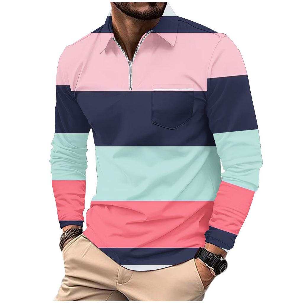 Fashion Polo Shirt Men's Printed Long Sleeve Zip Pocket Sports Polo Shirt Men's Striped Sweatshirt