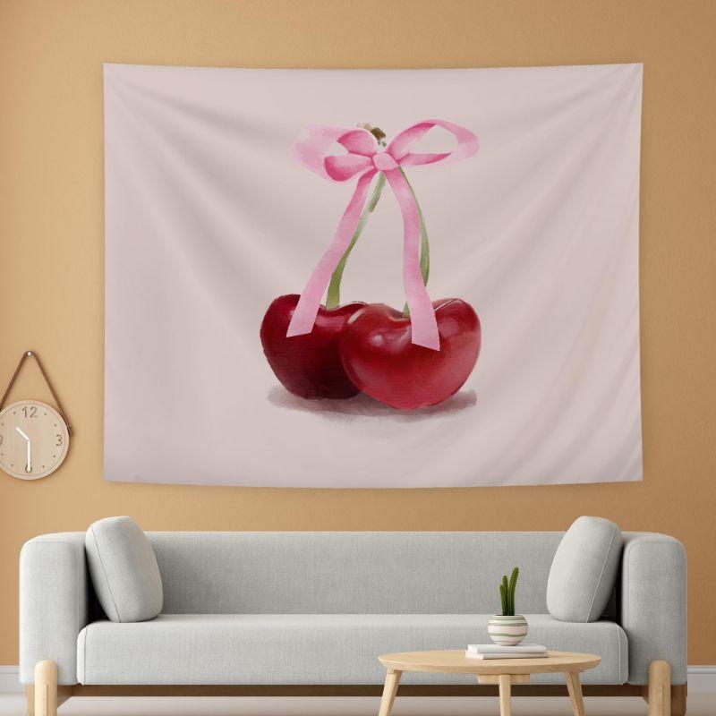 Pink Watercolor Cherry Tapestry Wall Hanging Red Fruit Coquette Ribbon Bow Aesthetic Wall Art Girls Room Wall Decor