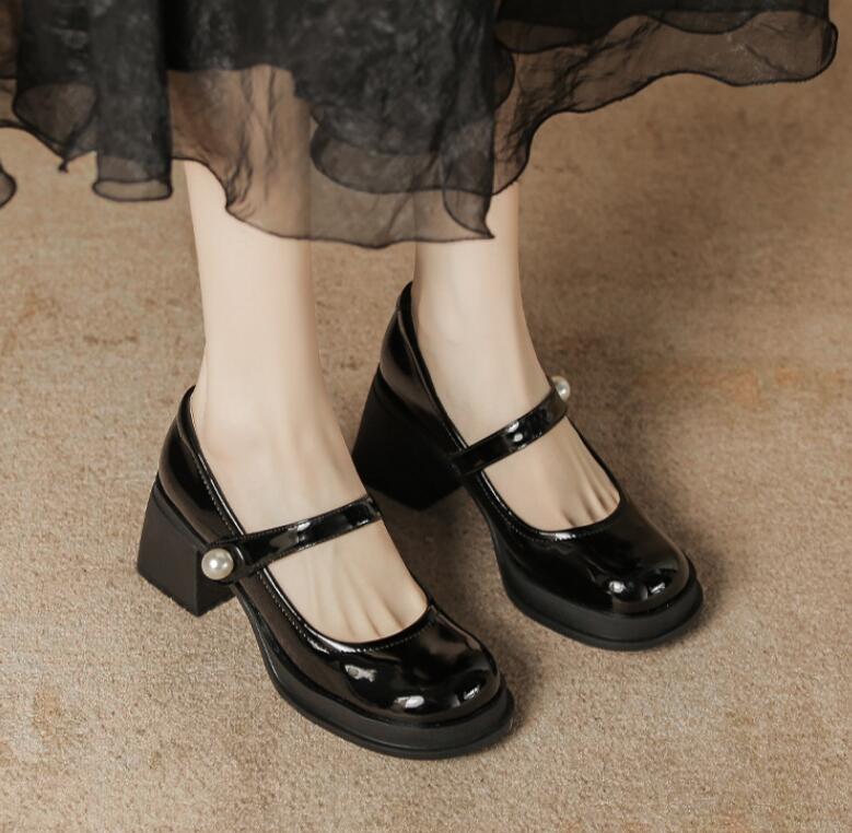 Mode Élégant Escarpins à Talons Hauts pour Femmes Mary Janes Chaussures Classiques Escarpins de Soirée Noir Blanc à Talons Épais Chaussures de Mariage Bureau pour Femmes