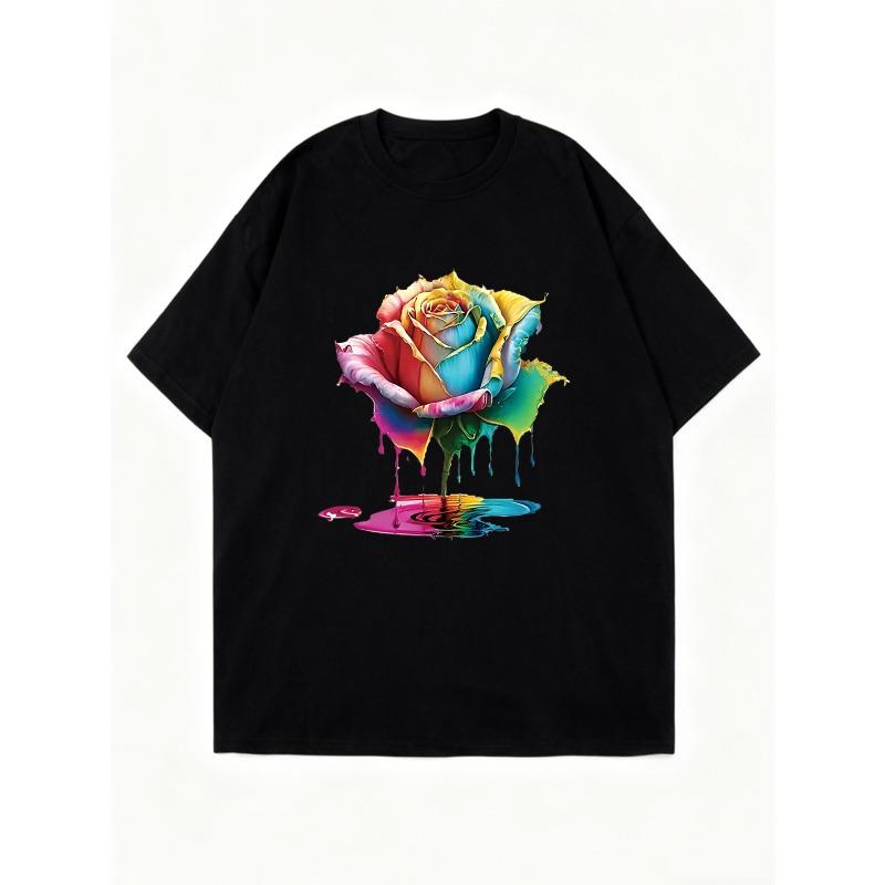 Übergroßes Damen-Kurzarm-T-Shirt mit Regenbogen-Farbverlauf, Tintenspritzer, Rose (mit Farbe-Tropf-Effekt) Drucken