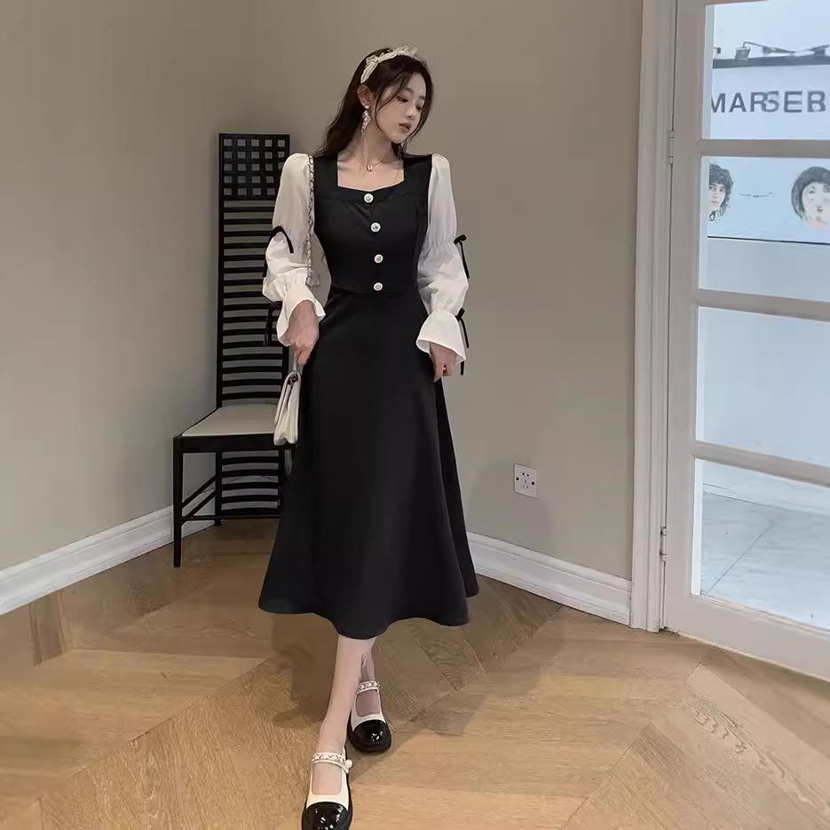 2024 Retro A-Line Black & White Square Neck Slimming Dress