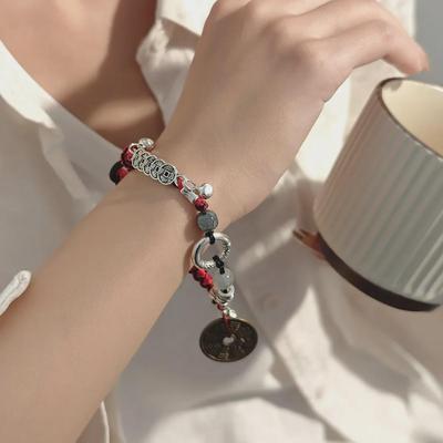Chinese Style Red Rope Beaded Bracelet with Five Emperors' Coins and Peace Buckle for Women - Retro, High-End Hand Jewelry.