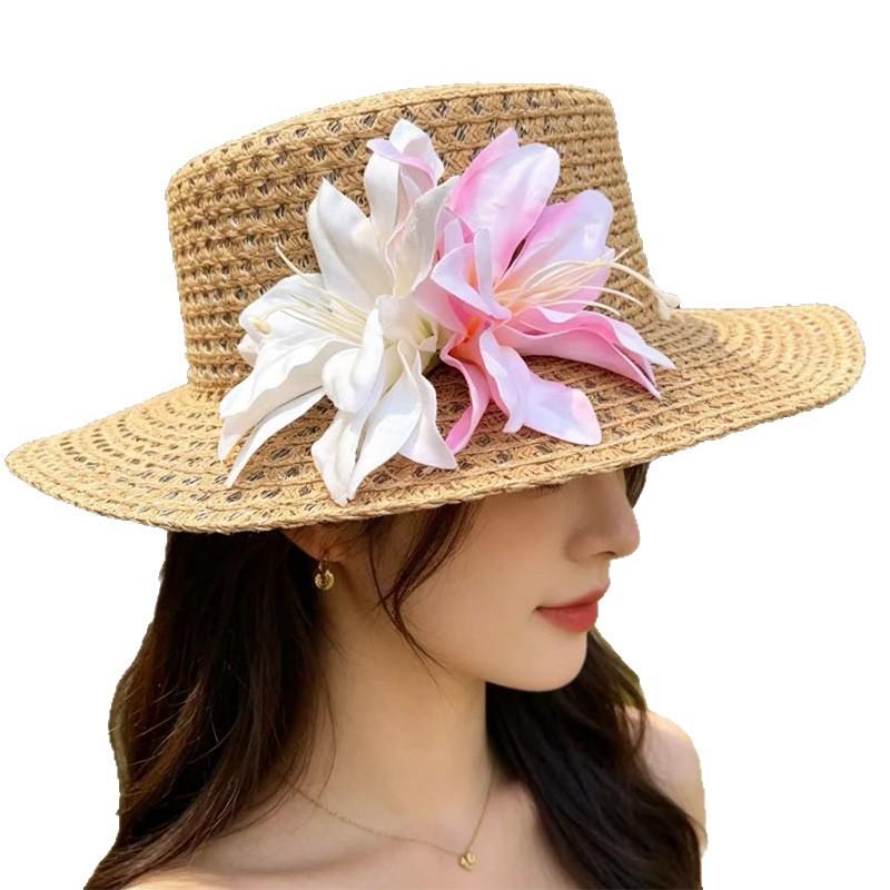 French Hollow Flower Flat Top Straw Hat Female Summer Outing Beach Vacation Wind Straw Hat Sun Protection Hat