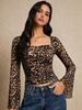 Women's new square neck leopard print mesh long-sleeved T-shirt women's horn sleeves waist thin versatile top